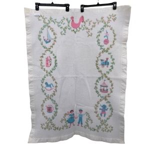 Vintage Esmond Fiberwoven Baby Blanket White with Satin Edge Floral Playful Kids